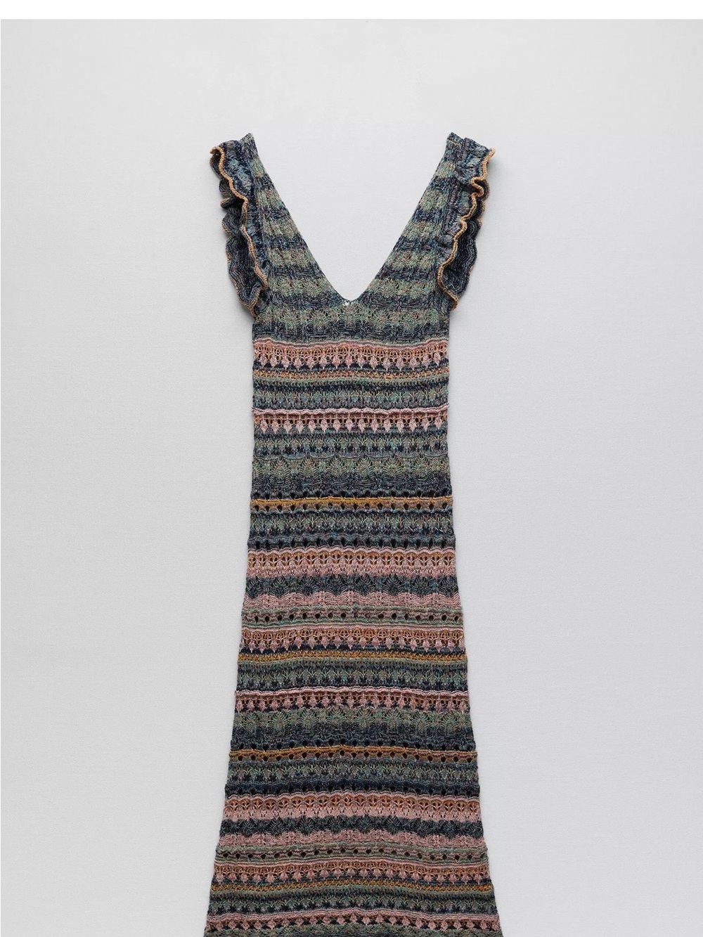 Zara Striped Knit V-Neck Midi Dress in Green, Pink and Navy